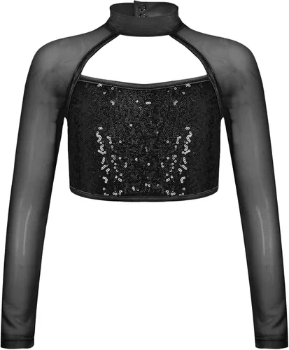Camisetas cortas de lentejuelas para niños y niñas, manga larga, cuello alto, jazz, hip hop, ballet, danza, ropa de baile