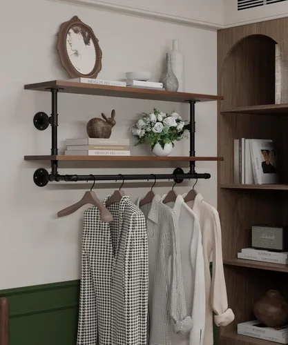 Miniatura 8 de Perchero negro de 36 pulgadas, perchero montado en la pared con estante de madera real negra, perchero colgante resistente, barra para colgar