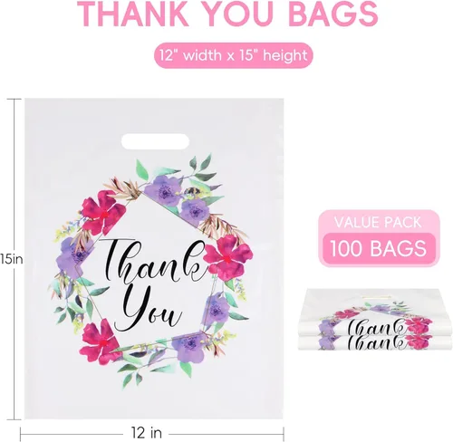 Miniatura 3 de POPGIFTU Bolsas de agradecimiento florales con asas, bolsa de plástico de 12 x 15 pulgadas, paquete de 100 – Boutique, regalo, recuerdo de fiesta