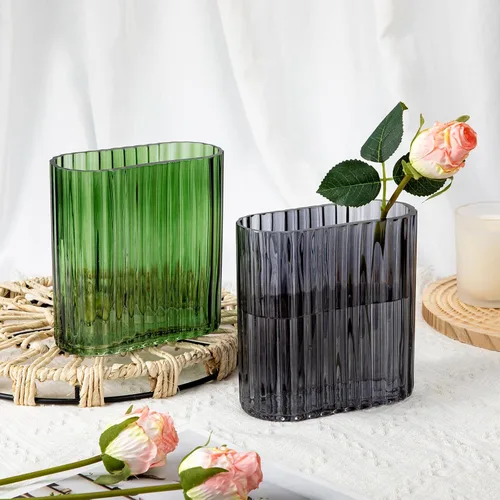 Miniatura 4 de Florero de cristal gris de 6.7 pulgadas para flores, jarrón acanalado único con estriado decorativo moderno para bodas, hogar, oficina, comedor
