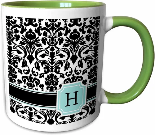 Miniatura 8 de 3dRose Letra H - Taza personal con monograma, diseño de damasco, azul menta y blanco, 11 onzas, color negro