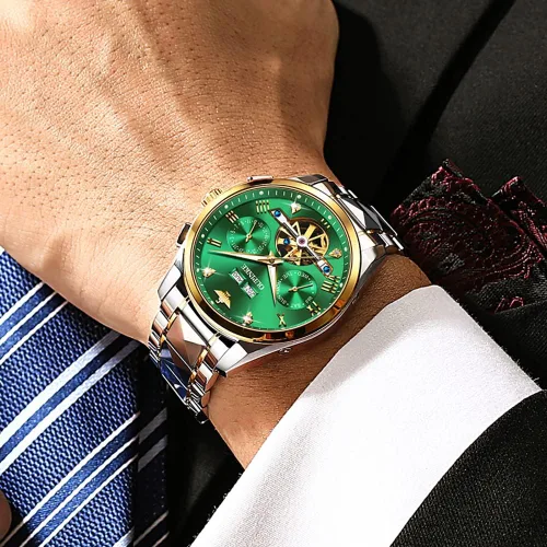 Miniatura 2 de OUPINKE Relojes automáticos para hombre, con esqueleto de diamante, cuerda automática, reloj de pulsera de lujo, cristal de zafiro, acero