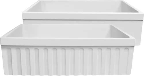 Whitehaus WHQ330-WH Farmhaus Quatro Alcove - Fregadero reversible de arcilla refractaria de 30 pulgadas con delantal estriado, color blanco