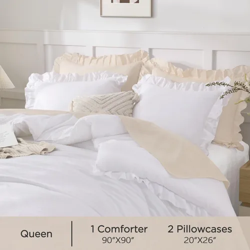 Miniatura 5 de Andency - Juego de edredón blanco tamaño Queen, 3 piezas, ropa de cama unicolor estilo elegante desgastado, ligera, esponjosa, suave, con relleno