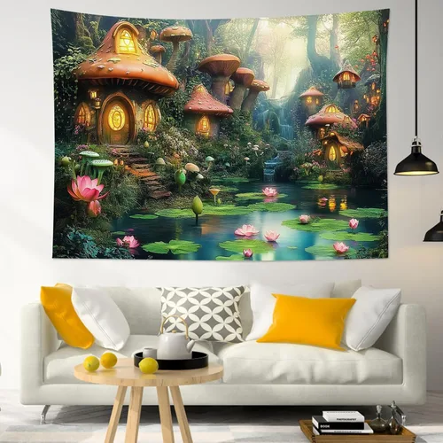 Miniatura 9 de HVEST Tapiz de bosque de cuento de hadas para colgar en la pared, estanque de lirios de agua, árboles mágicos, casas en el país de los sueños, tapiz
