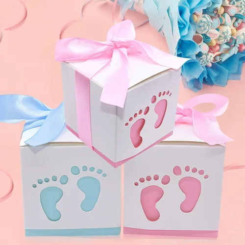 Miniatura 6 de 50 cajas de recuerdo de fiesta de baby shower, diseño de huellas, cajas de regalo para niños, cumpleaños, baby shower, invitados, boda, fiesta, Rosa