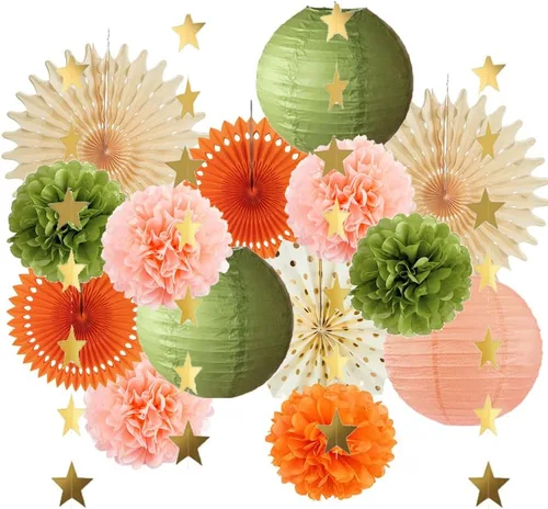 Decoraciones de fiesta de color verde oliva y naranja, decoraciones de fiesta de cumpleaños de color oliva, pompones de melocotón y naranja, faroles