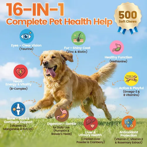 Miniatura 2 de Multivitamínico para perros, 500 masticables crujientes y sabrosos, apoya la energía diaria, la salud del corazón, la piel y el pelaje con taurina