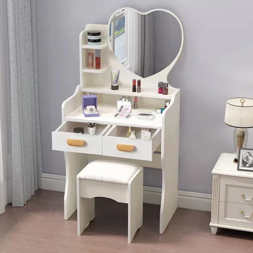 Miniatura 22 de QQXX Juego de tocador grande con espejo, tocador de maquillaje con estantes de almacenamiento y 4 cajones, taburete acolchado para dormitorio