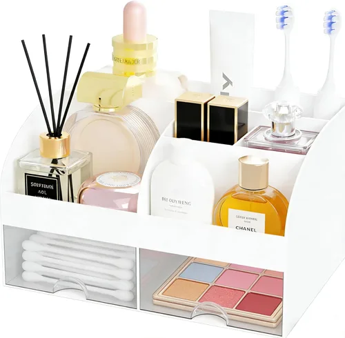 Miniatura 10 de Organizador de maquillaje con 2 cajones, almacenamiento de cosméticos para tocador y encimera de baño, organización de maquillaje y almacenamiento