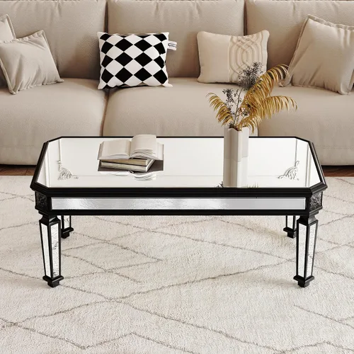 Miniatura 4 de Polibi Mesa de centro con espejo plateado, mesa central rectangular tallada vintage de vidrio con acabado de espejo para sala de estar y oficina