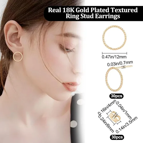 Miniatura 2 de Beebeecraft 30 aretes circulares chapados en oro de 18 quilates, aretes redondos trenzados, simples y minimalistas, con 30 aretes de mariposa