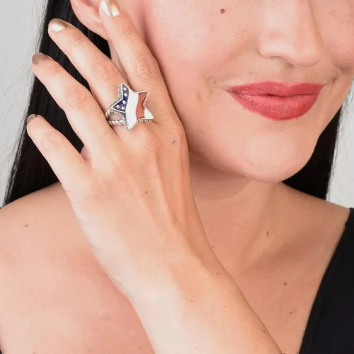 Miniatura 3 de Anillo de estrella con incrustaciones de piedras preciosas, color rojo, blanco y azul americano, tallas 5 a 10