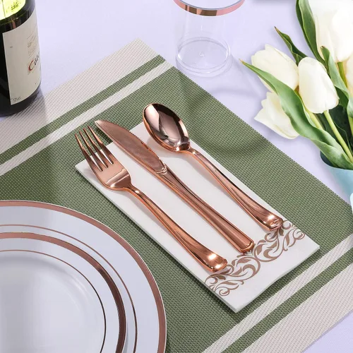 Miniatura 4 de FOCUSLINE Juego de vajilla desechable de 350 piezas para 50 invitados - Platos de plástico resistente con borde de oro rosa, incluye 50 platos