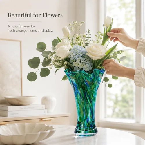 Miniatura 9 de Floreros de cristal aguamarina de 9.0 pulgadas de alto para flores, jarrón único de vidrio soplado a mano, decoración del hogar, jarrón de flores