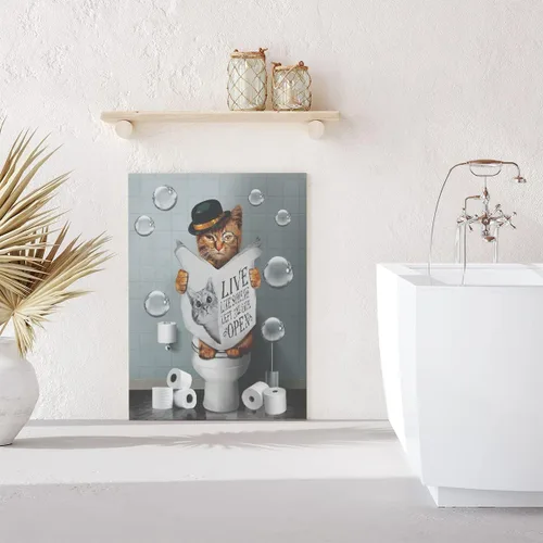 Miniatura 4 de Kateflower Lienzo decorativo para baño, arte de pared, lindo gato sentado en el inodoro, leyendo periódicos, imágenes de animales de granja, pintura