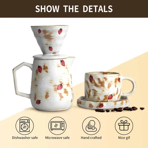 Miniatura 6 de Juego de cafetera hecha a mano con taza de café con patrón de fresa, 20 unidades, filtro de papel V60, cafetera de goteo de 20 onzas (fresa)