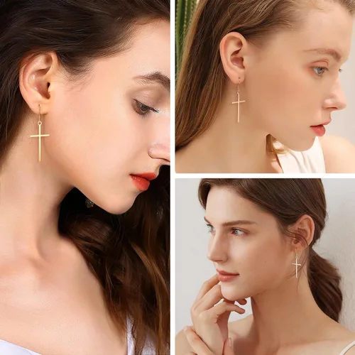 Miniatura 5 de HAIAISO 3 pares de aretes de cruz de acero inoxidable clásicos de oro rosa, plata y cruz colgantes, joyería de cruz minimalista para mujer