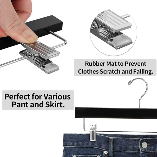 Miniatura 4 de AMKUFO 20 piezas de perchas de madera para pantalones, perchas sólidas para pantalones con clips ajustables de 14 pulgadas, perchas de madera negra