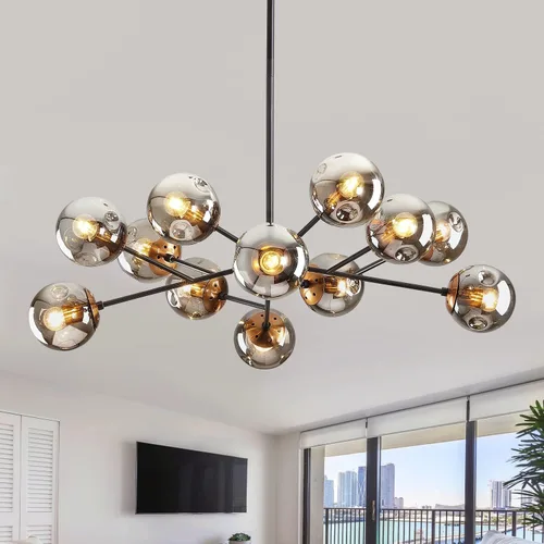 Miniatura 14 de DDLLDESHI Lámpara de araña de 6 luces dorada con cubierta esférica de vidrio Sputnik, lámpara de techo de 34" de gran tamaño para comedor, lámparas