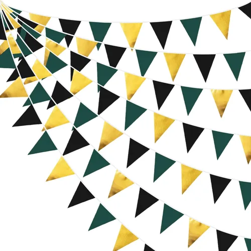 Decoraciones de fiesta de 32 pies, color dorado, verde y negro, banderines triangulares, banderines para graduación, videojuegos, cumpleaños, selva,
