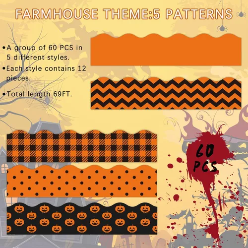 Miniatura 3 de Whaline 69 pies de Halloween, 5 diseños, 60 unidades, diseño de calabaza, bordes de decoración de calabaza, borde naranja y negro, calcomanías