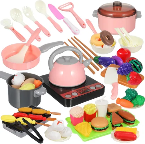 UPKOCH Juego de utensilios de cocina simulados para niños, juego de cocina de 86 piezas con corte de verduras, accesorios de comida para niños,