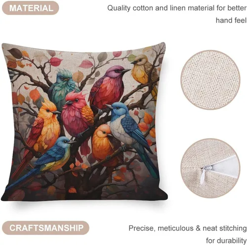 Miniatura 4 de Fundas de almohada coloridas con diseño de grupo de pájaros en un árbol, fundas de almohada frescas con pintura al óleo de pájaros en rama de árbol