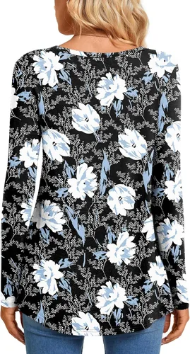Miniatura 4 de CATHY Blusa tipo túnica de manga larga para mujer, cuello en V, con botones, informal, plisada, básica