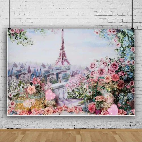 Miniatura 4 de Telón de fondo de torre Eiffel de 5 x 3 pies para fotografía, flores rosadas, paisaje de París, decoración de boda, aniversario, fiesta, accesorios