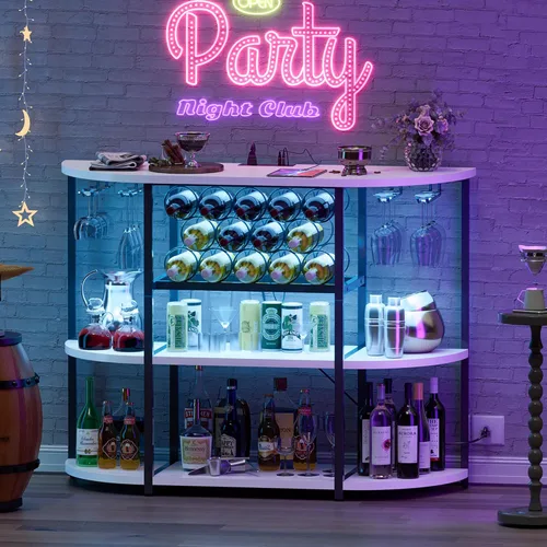 Miniatura 2 de Furmax Armario de bar de vino para barra de licor, armario de mesa con luces y tomacorriente, almacenamiento de 4 niveles, estantes de vino Blanco