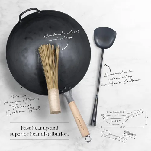 Miniatura 3 de Juego tradicional de wok de acero al carbono con fondo redondo martillado a mano con espátula Wok y cepillo de bambú