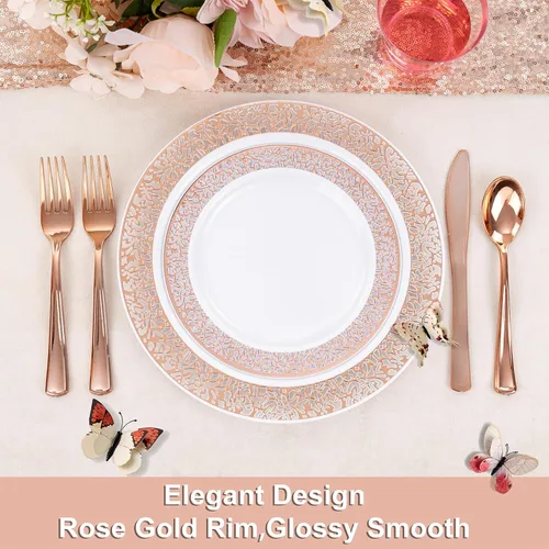 Miniatura 4 de Vajilla de plástico desechable de color dorado rosado, incluye: 50 platos de cena, 50 platos de postre, 50 servilletas enrolladas con cubiertos
