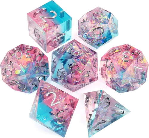 Haxtec Juego de dados brillantes de borde afilado, dados DND de resina hechos a mano con inclusión de Mylar iridiscente, mezcla de color morado Azul