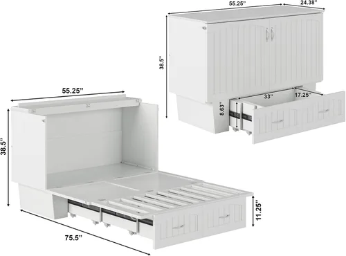 Miniatura 3 de AFI, Nantucket - Cómoda de cama Murphy de tamaño matrimonial con colchón, cajón de almacenamiento y cargador USB integrado, color blanco