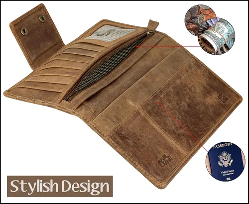 Miniatura 5 de Mou Meraki Cartera larga con bloqueo RFID de cuero genuino - Vintage Bifold para hombres (COGNAC antiguo)
