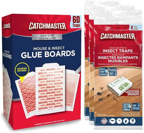 Catchmaster Pro Strength - Juego de trampa de pegamento para ratones y insectos que se arrastran, paquete de 60 y 12 unidades de adhesivo adhesivo