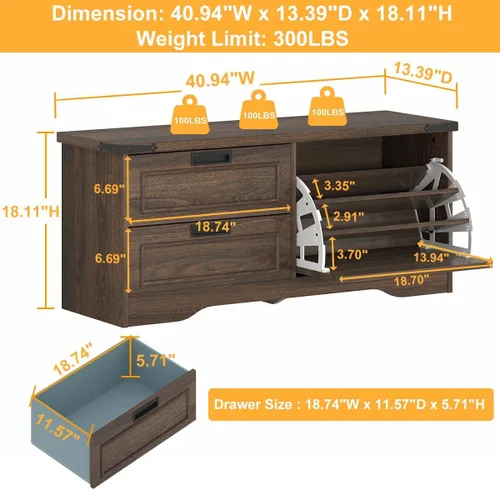 Miniatura 2 de FATORRI Banco con almacenamiento para zapatos para entrada, bancos de madera con puerta abatible y cajones, gabinete organizador de zapatos