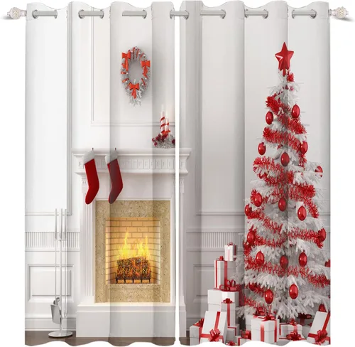 Miniatura 26 de Renaiss Cortinas opacas de Navidad con tablones de madera rústica para dormitorio, con ojales, estampado de copos de nieve navideños, cortinas