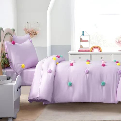 Miniatura 4 de HOMBYS - Juego de colcha con pompones para niñas, 5 piezas, estilo bohemio, para todas las estaciones, tamaño individual/individual XL, color púrpura