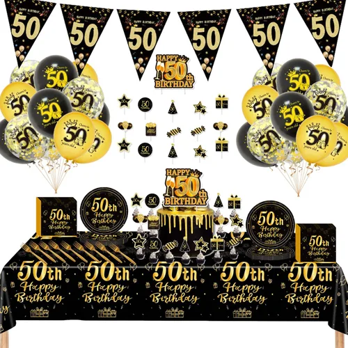 Suministros de decoración de fiesta de cumpleaños número 50 para hombres y mujeres, incluye 16 platos, 20 servilletas, 1 mantel, 1 pancarta, 16
