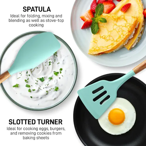 Miniatura 5 de Zulay Kitchen Juego de utensilios de cocina antiadherentes con auténticas asas de madera de acacia, juego de utensilios de cocina de silicona Sky