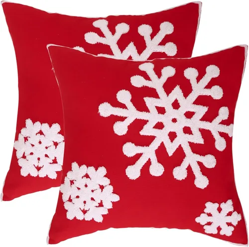 Juego de 2 fundas de almohada blancas de copo de nieve de 18 x 18 pulgadas, decoración roja de Navidad, fundas de cojín de lona bordadas, decoración