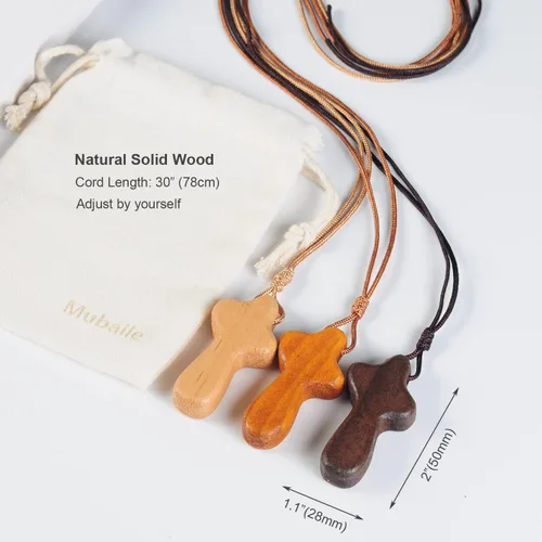 Miniatura 3 de Mubaile 3 collares de cruz de madera para mujeres, hombres, niños Cruz de madera natural tallada a mano Collar pequeño con colgante de cruz