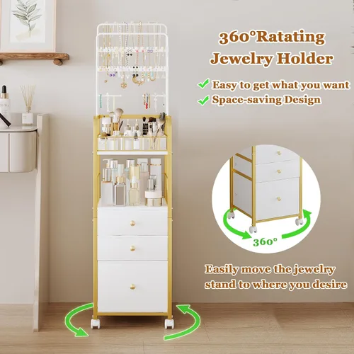 Miniatura 5 de Carrito organizador de maquillaje con 3 cajones, organizadores de joyas y almacenamiento para collar de aretes, organizador de almacenamiento grande