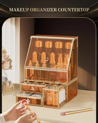 Miniatura 2 de CoralHouse Organizador de maquillaje, organizador de maquillaje ámbar con cajón, soporte para el cuidado de la piel para encimera de baño, vitrina