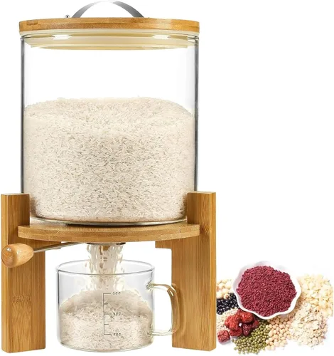 Dispensador de arroz de vidrio, dispensador de cereales con taza medidora de vidrio y tapa hermética. Dispensador de almacenamiento de arroz de 5