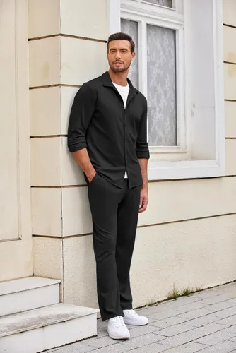 Miniatura 4 de COOFANDY Conjunto de 2 piezas para hombre, camisa de manga larga con botones, sin arrugas, camisas elásticas