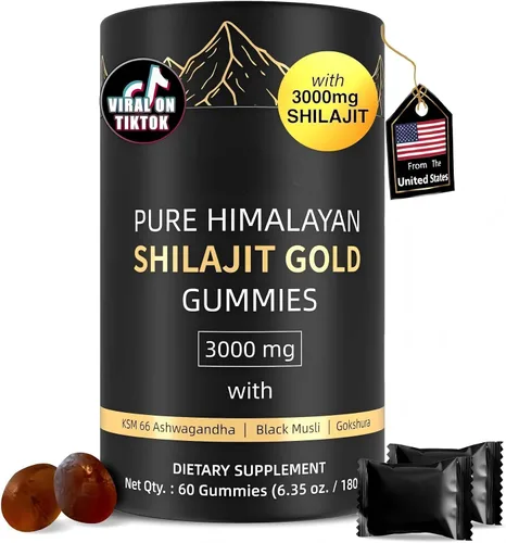 Gomitas Shilajit del Himalaya de 3000 mg doradas para hombres y mujeres, orgánicas y naturales con más de 85 minerales esenciales y ácido fúlvico,