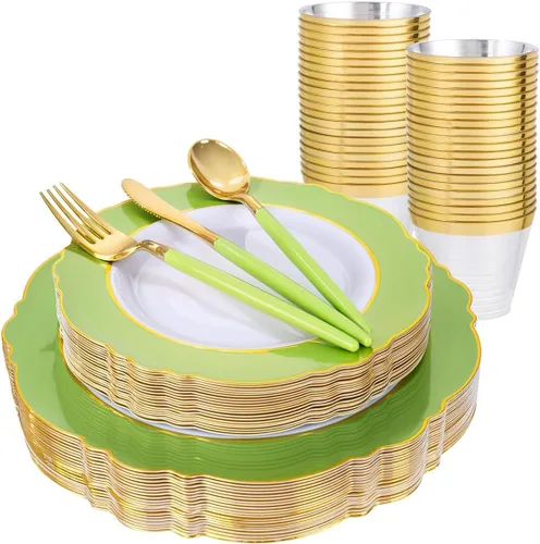 Miniatura 12 de WDF - Vajilla de plástico desechable para 30 invitados platos color oro y cubiertos color oro con mango blanco - Vajilla de plástico barroco blanco